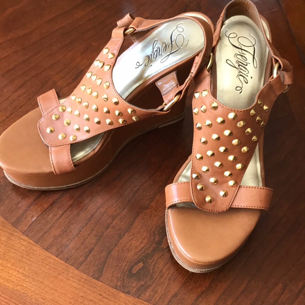 Fergie Tan Leather Wedges with Gold Studs